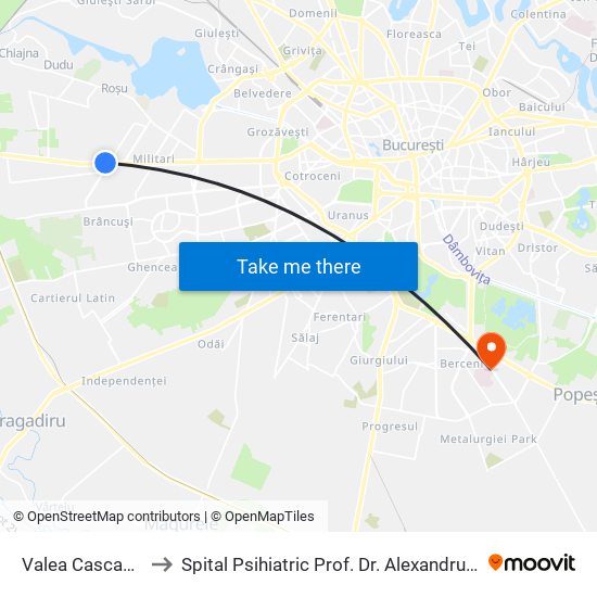 Valea Cascadelor to Spital Psihiatric Prof. Dr. Alexandru Obregia map