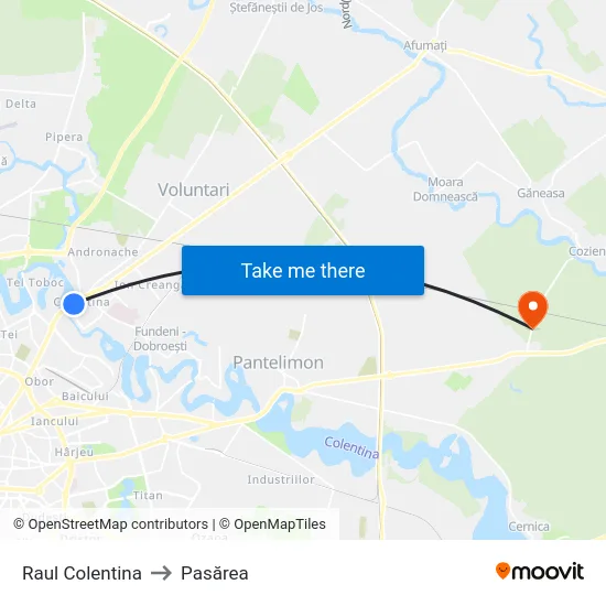 Raul Colentina to Pasărea map