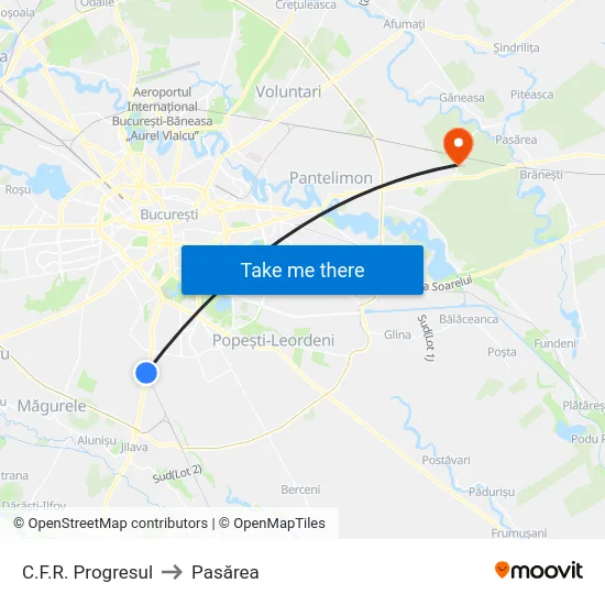 C.F.R. Progresul to Pasărea map