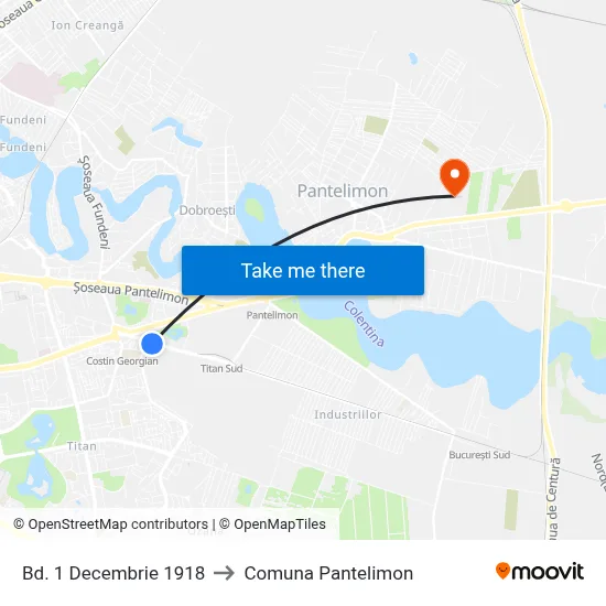 Bd. 1 Decembrie 1918 to Comuna Pantelimon map