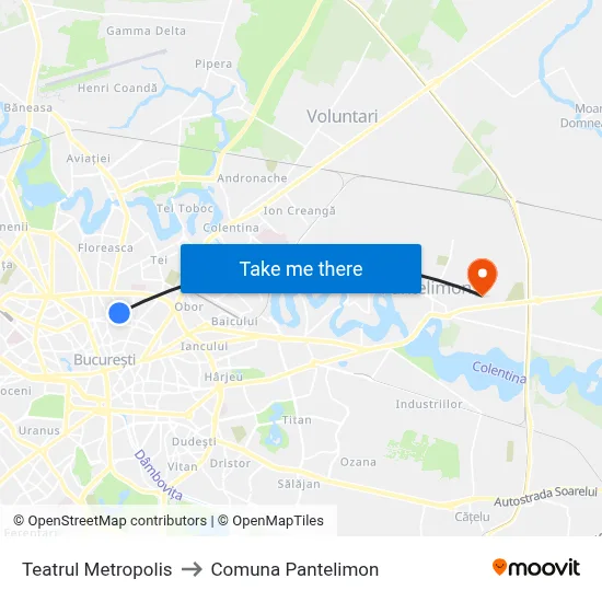 Teatrul Metropolis to Comuna Pantelimon map