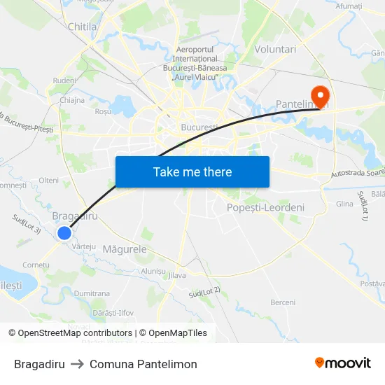 Bragadiru to Comuna Pantelimon map