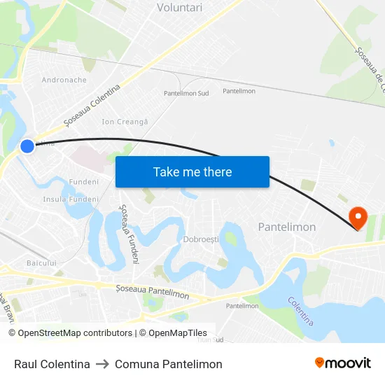 Raul Colentina to Comuna Pantelimon map