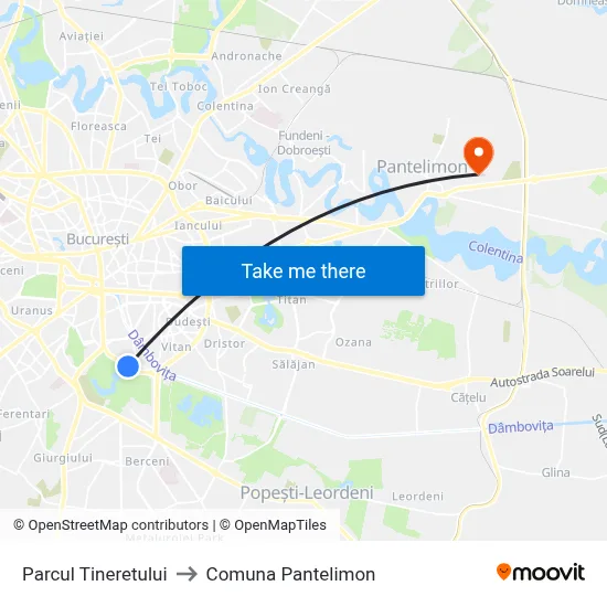 Parcul Tineretului to Comuna Pantelimon map