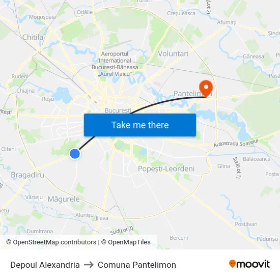 Depoul Alexandria to Comuna Pantelimon map