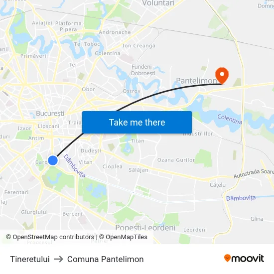 Tineretului to Comuna Pantelimon map