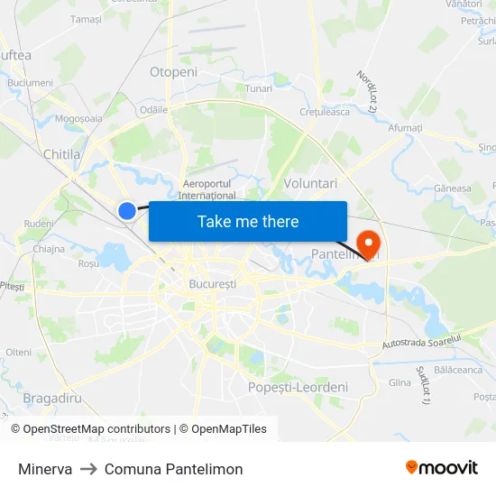 Minerva to Comuna Pantelimon map