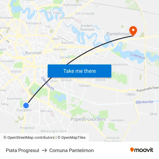 Piata Progresul to Comuna Pantelimon map