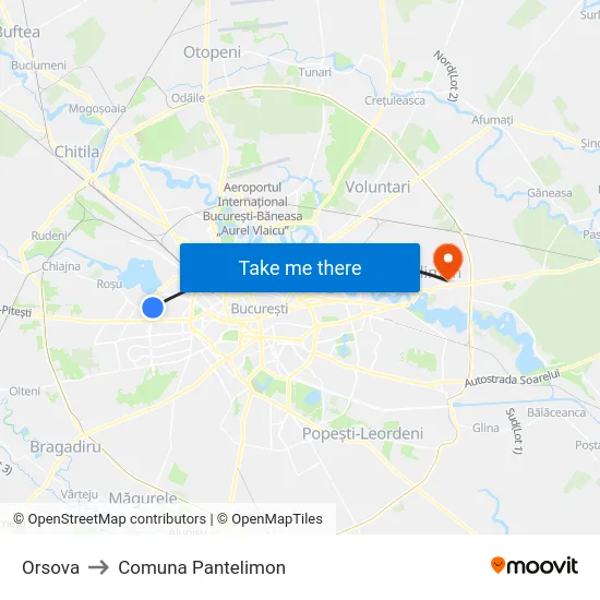 Orsova to Comuna Pantelimon map