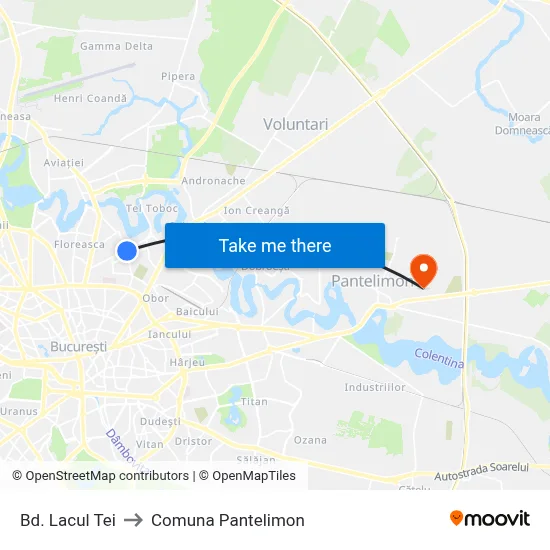 Bd. Lacul Tei to Comuna Pantelimon map