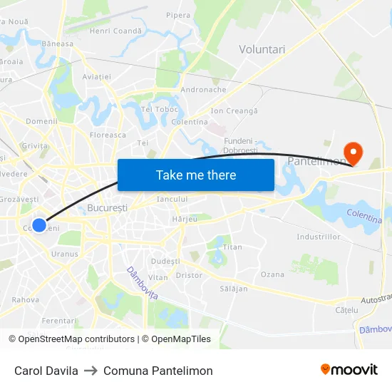 Carol Davila to Comuna Pantelimon map