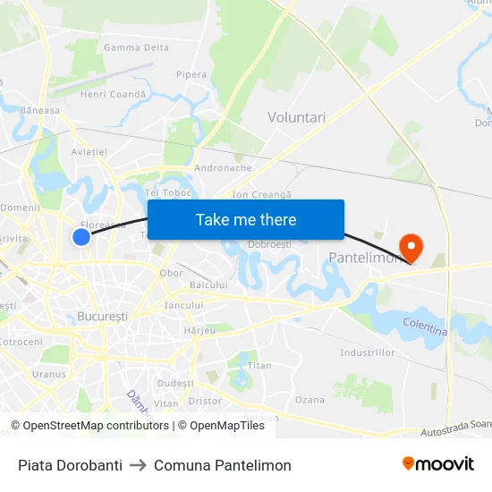 Piata Dorobanti to Comuna Pantelimon map