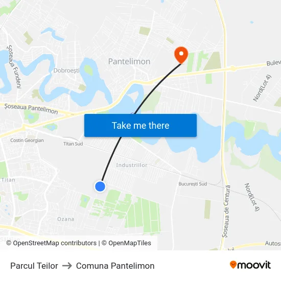 Parcul Teilor to Comuna Pantelimon map