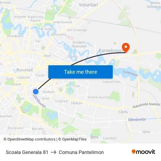 Scoala Generala 81 to Comuna Pantelimon map
