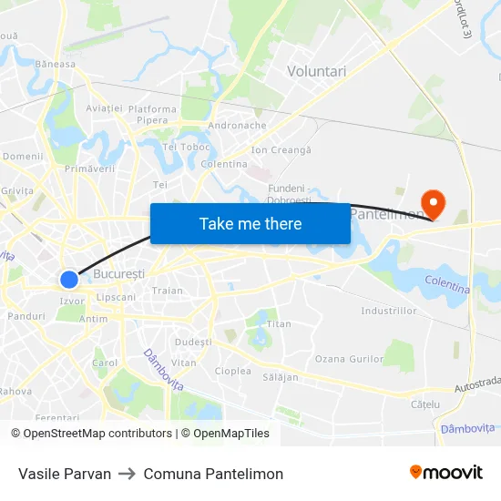 Vasile Parvan to Comuna Pantelimon map