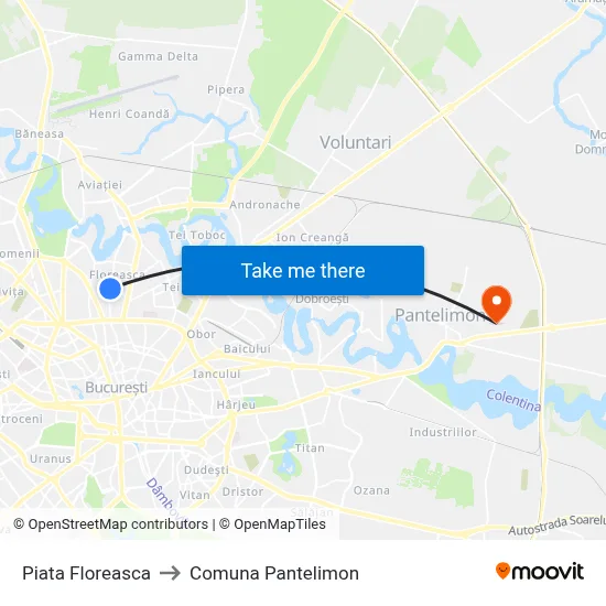 Piata Floreasca to Comuna Pantelimon map