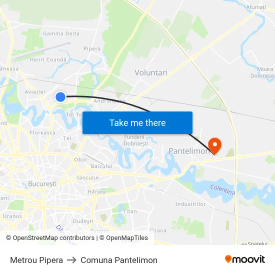 Metrou Pipera to Comuna Pantelimon map