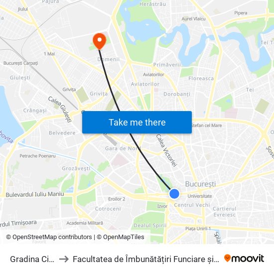 Gradina Cismigiu to Facultatea de Îmbunătățiri Funciare și Ingineria Mediului map