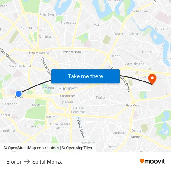 Eroilor to Spital Monza map