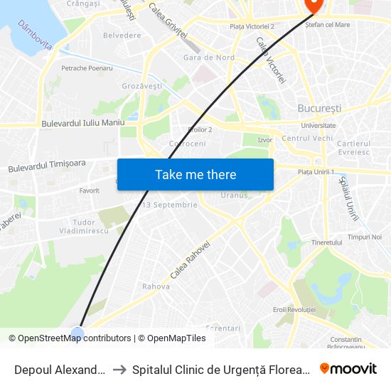 Depoul Alexandria to Spitalul Clinic de Urgență Floreasca map
