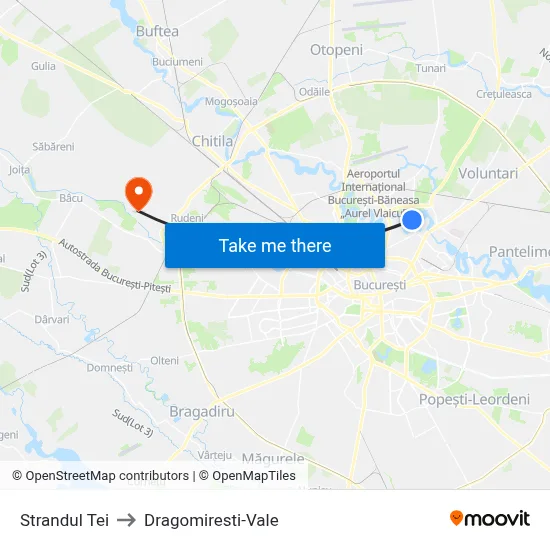 Strandul Tei to Dragomiresti-Vale map
