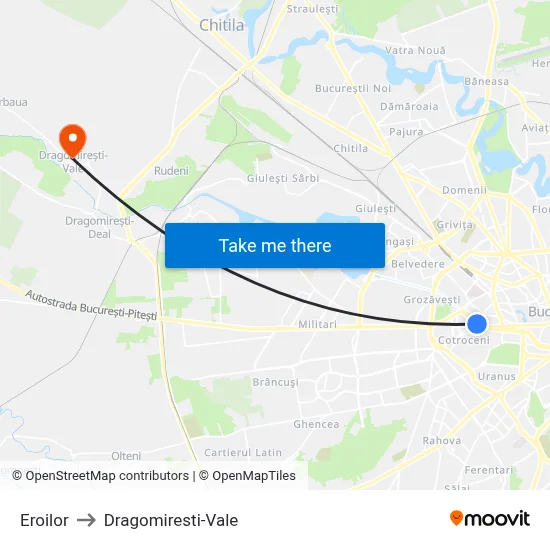 Eroilor to Dragomiresti-Vale map