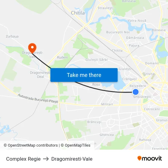 Complex Regie to Dragomiresti-Vale map