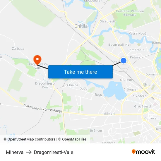 Minerva to Dragomiresti-Vale map
