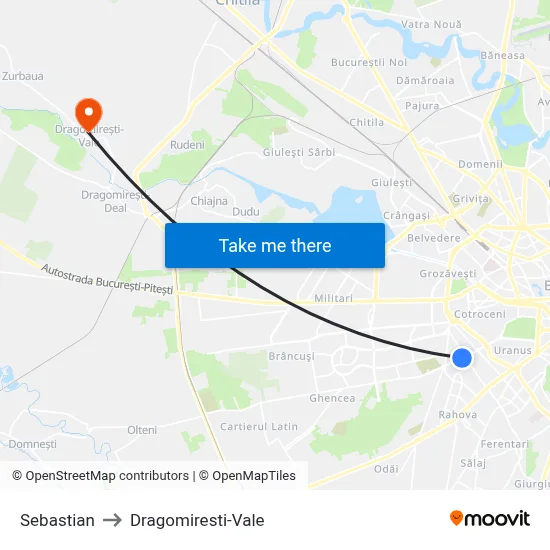 Sebastian to Dragomiresti-Vale map