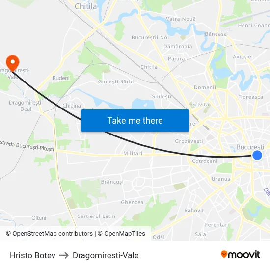 Hristo Botev to Dragomiresti-Vale map