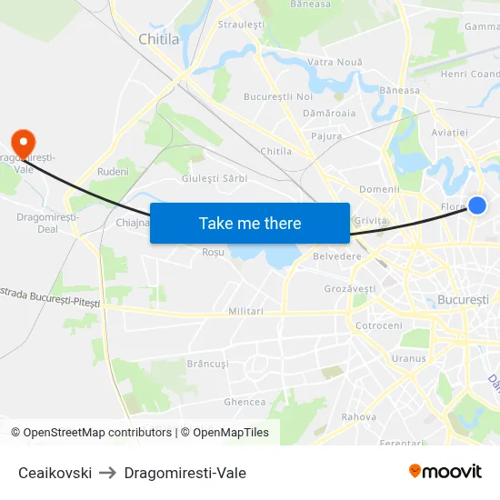 Ceaikovski to Dragomiresti-Vale map