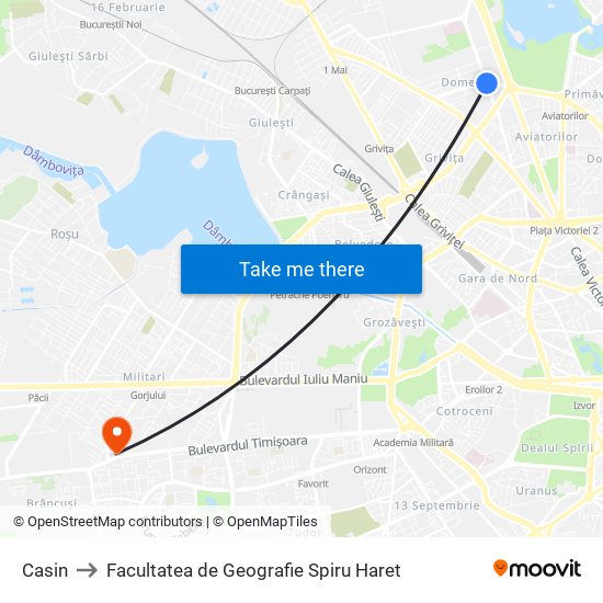 Casin to Facultatea de Geografie Spiru Haret map