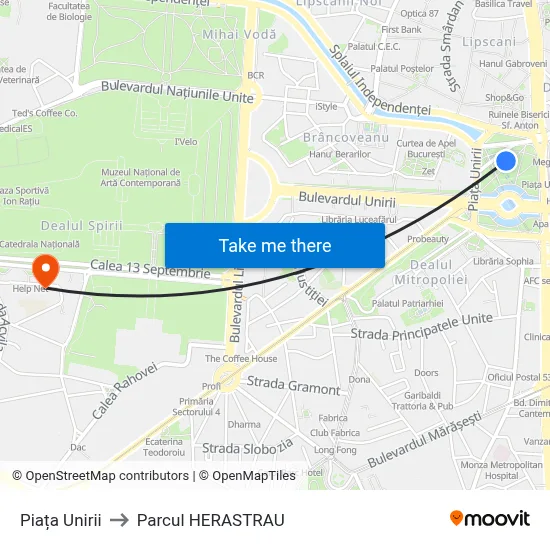 Piața Unirii to Parcul HERASTRAU map
