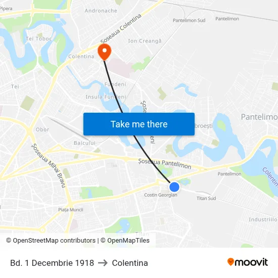 Bd. 1 Decembrie 1918 to Colentina map