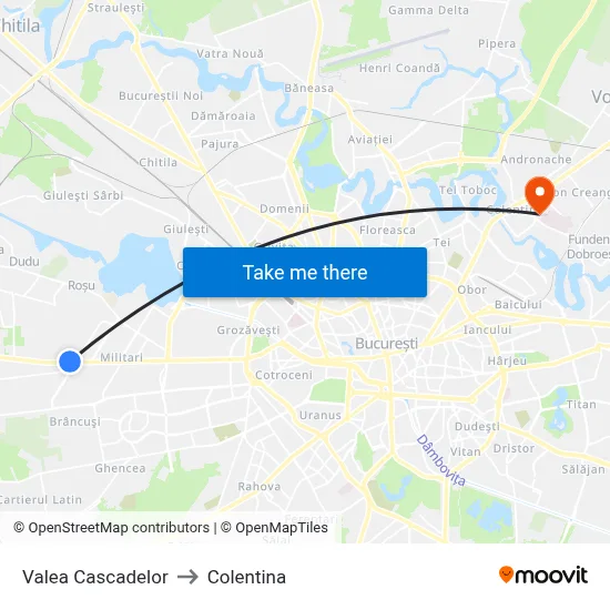 Valea Cascadelor to Colentina map
