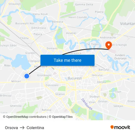 Orsova to Colentina map