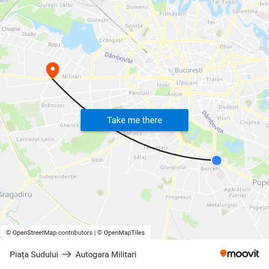 Piața Sudului to Autogara Militari map