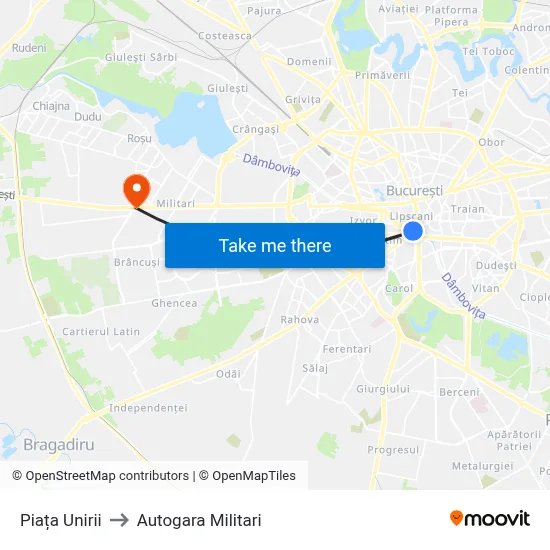 Piața Unirii to Autogara Militari map