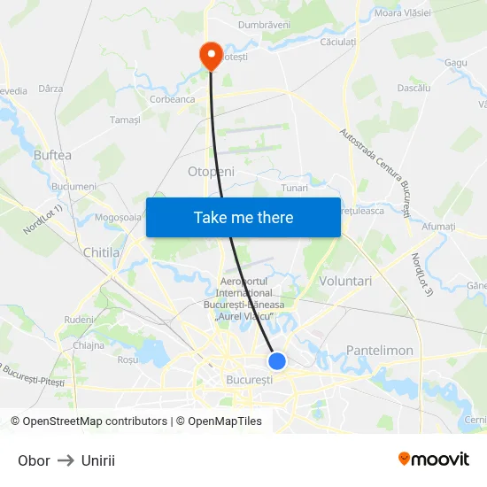 Obor to Unirii map