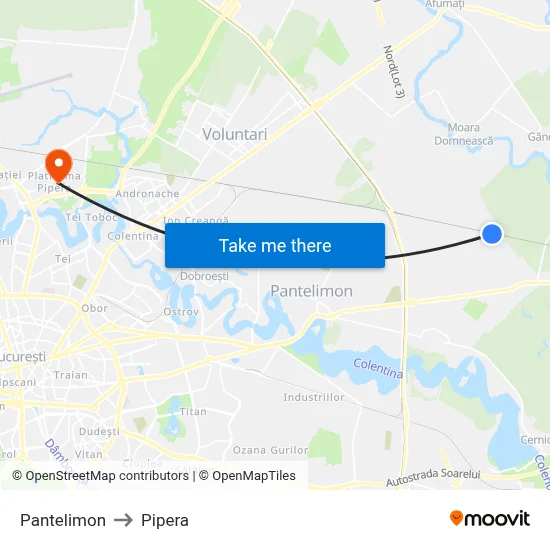 Pantelimon to Pipera map