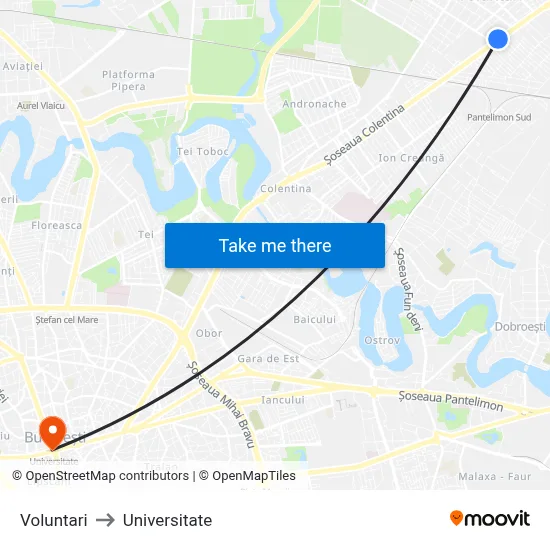 Voluntari to Universitate map