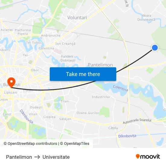 Pantelimon to Universitate map