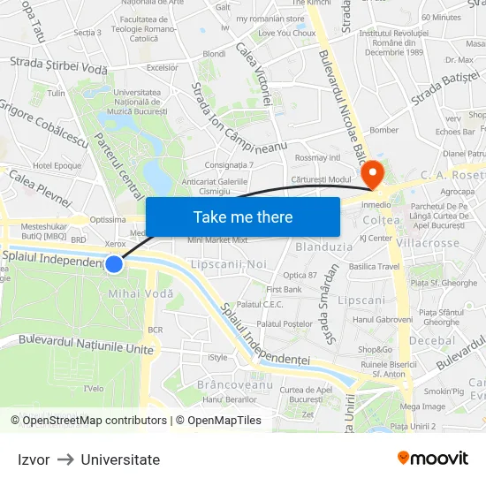 Izvor to Universitate map