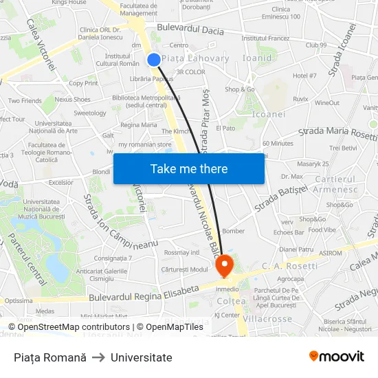 Piața Romană to Universitate map
