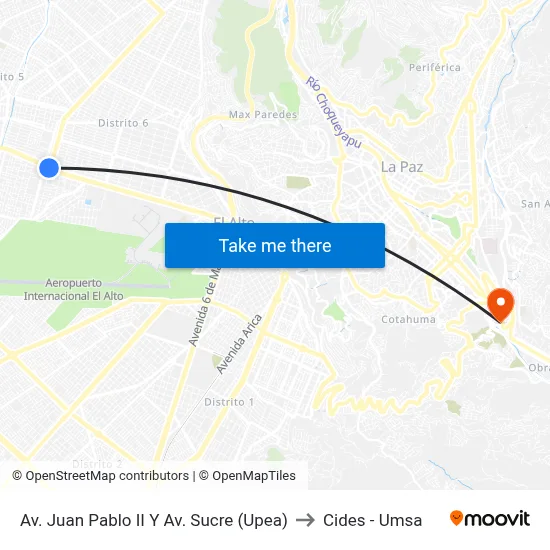 Av. Juan Pablo II Y Av. Sucre (Upea) to Cides - Umsa map