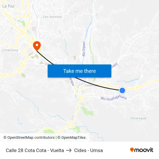 Calle 28 Cota Cota - Vuelta to Cides - Umsa map