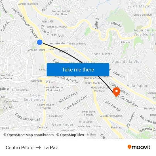 Centro Piloto to La Paz map