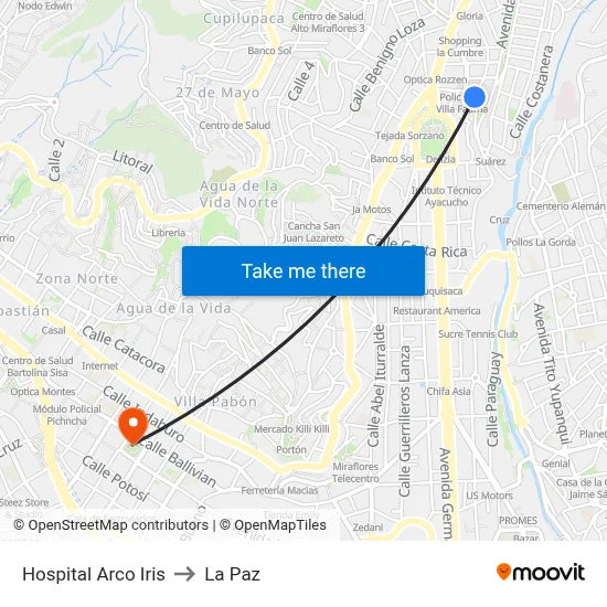 Hospital Arco Iris to La Paz map