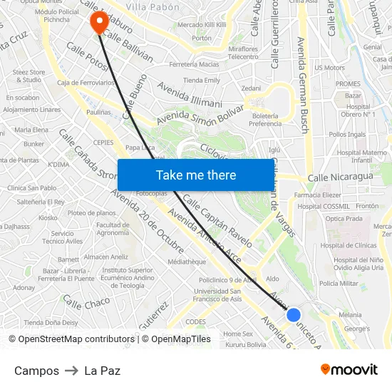 Campos to La Paz map