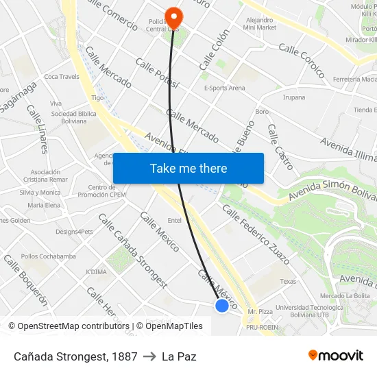 Cañada Strongest, 1887 to La Paz map